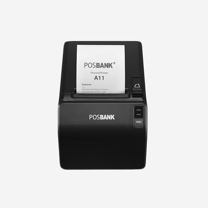 QubePos Printer POSBANK A11 Printer Front View with Receipt Paper
