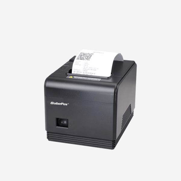 QubePos Printer Q260 Thermal Printer Front Side Right View with Receipt Paper