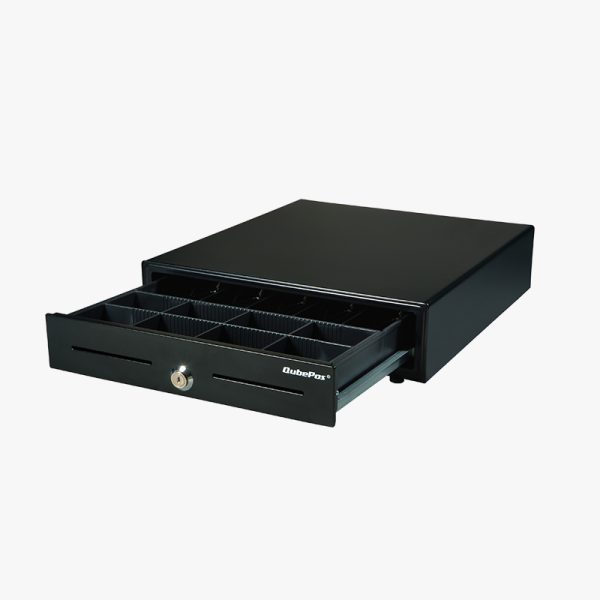 QubePos Peripherals QubePos C4141B Cash Drawer Front Left Side View with Open Drawer