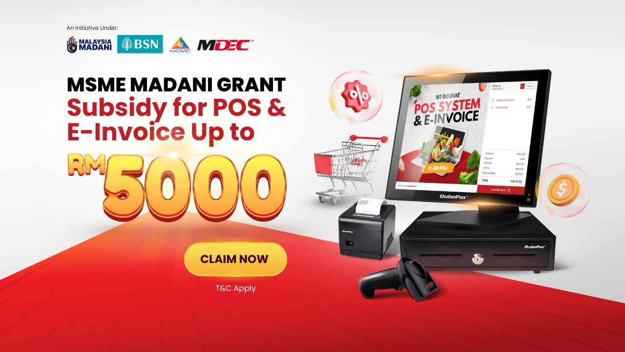 POS and e-Invoicing system now eligible for MSME Digital Grant MADANI. Claim up to RM5,000 subsidy for your retail or F&B business.